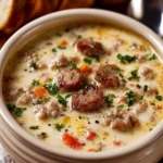Creamy Italian Sausage Soup in a rustic bowl, garnished with herbs and spices.