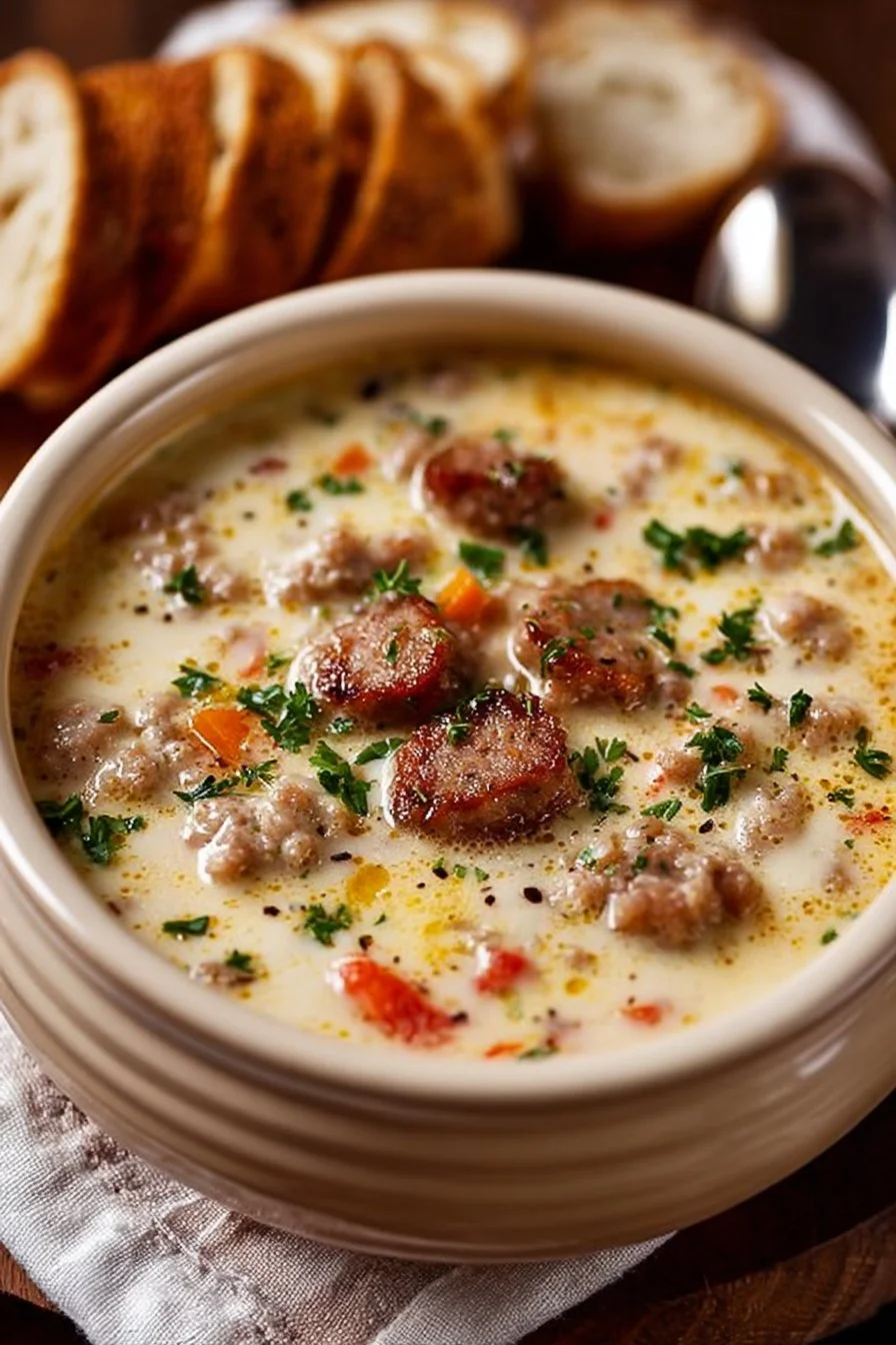 Creamy Italian Sausage Soup in a rustic bowl, garnished with herbs and spices.