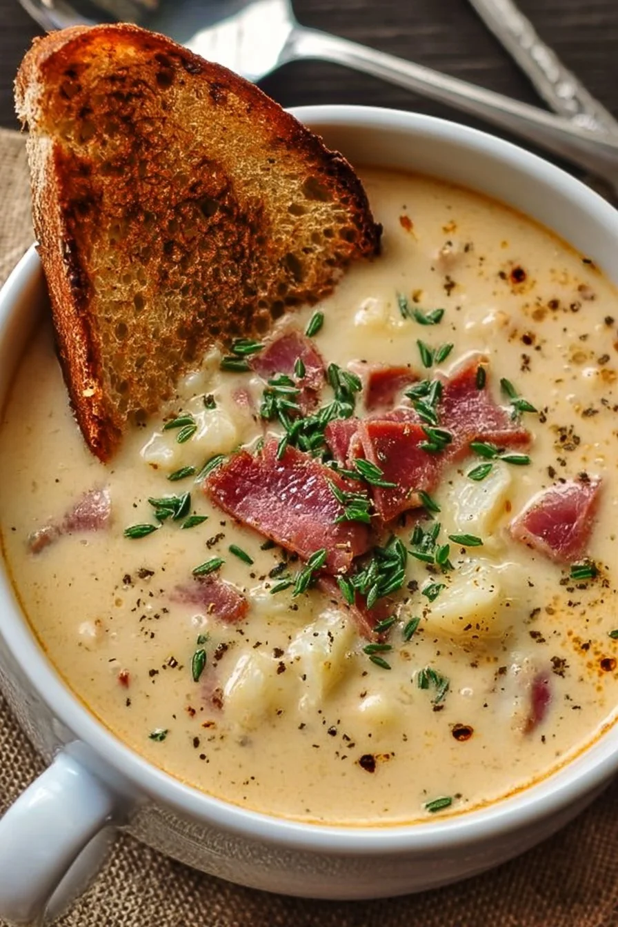 Creamy Reuben soup with corned beef and sauerkraut served in a bowl