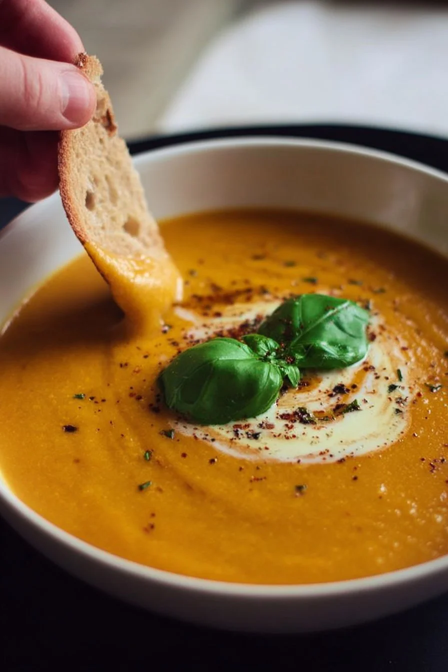 Bowl of creamy roasted veggie soup garnished with fresh herbs