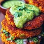 Crispy sweet potato and red lentil patties served with avocado cilantro sauce.