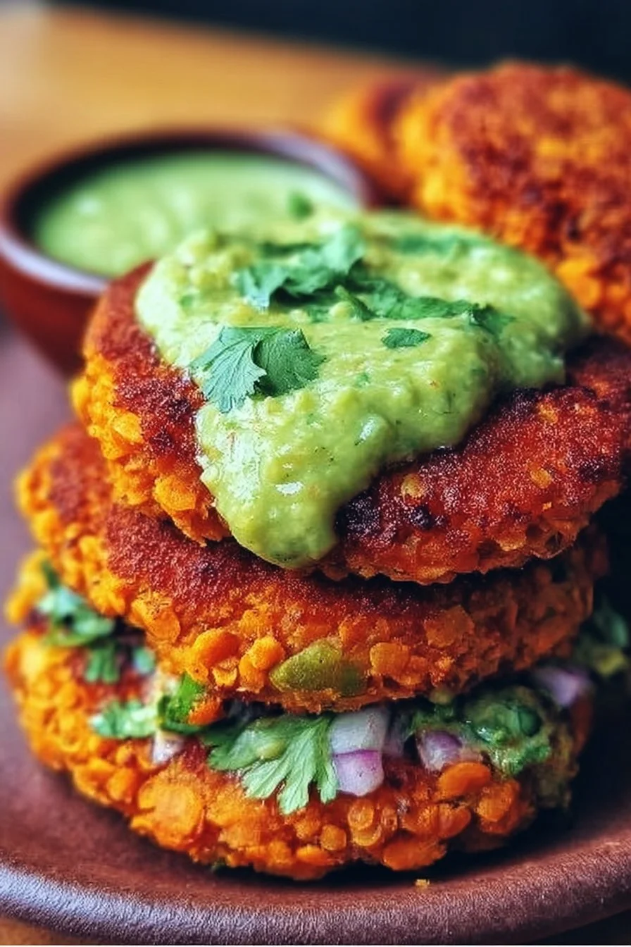 Crispy sweet potato and red lentil patties served with avocado cilantro sauce.