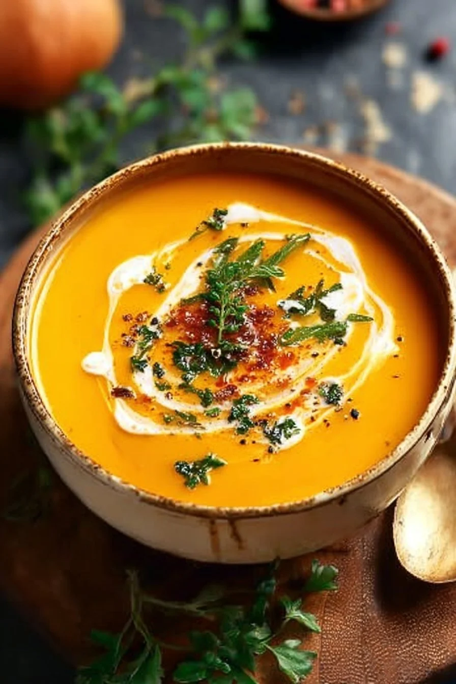 Bowl of easy butternut squash and sweet potato soup topped with herbs