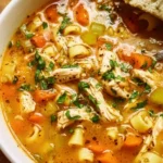 Bowl of easy chicken soup with vegetables and herbs