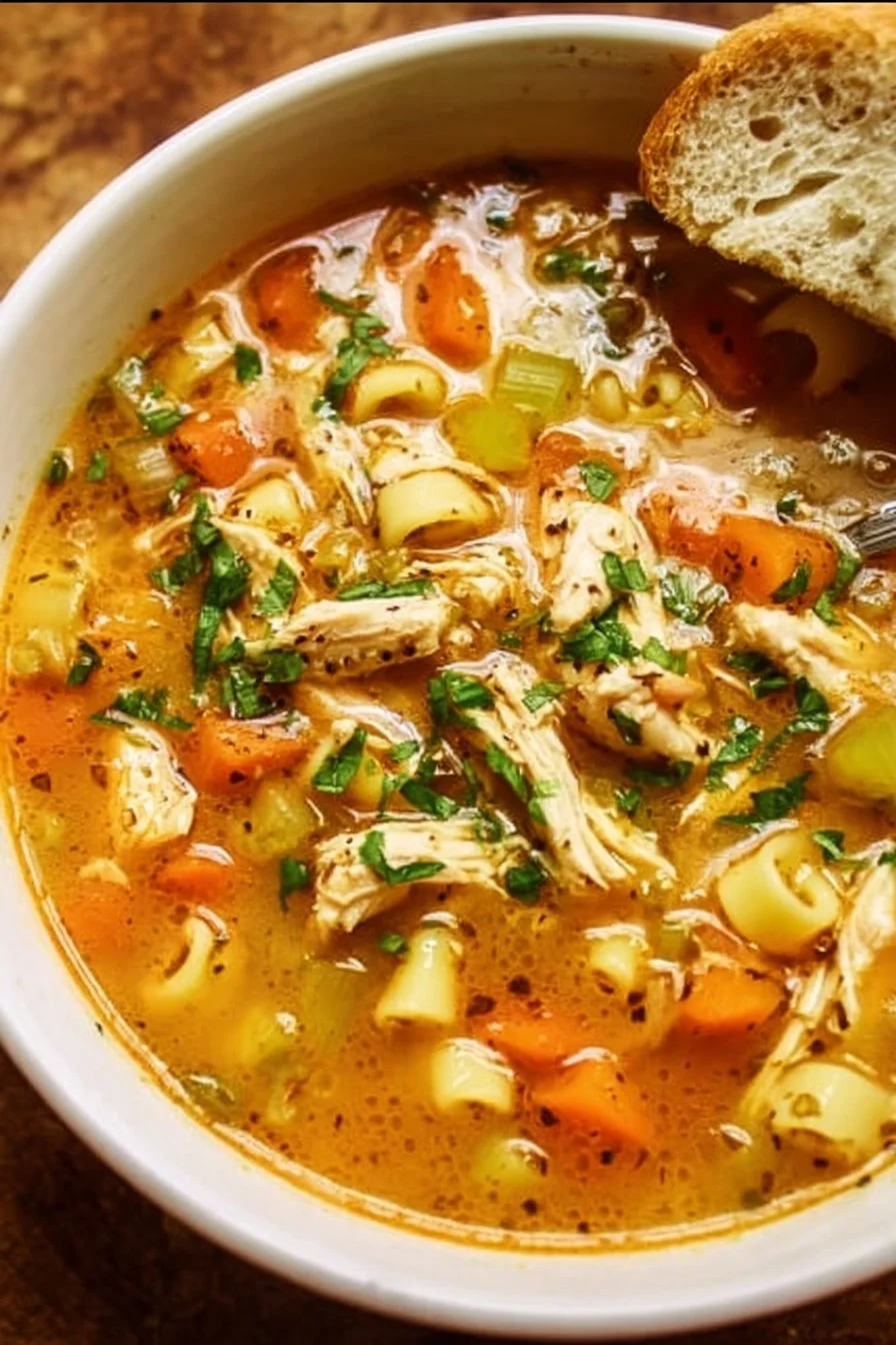 Bowl of easy chicken soup with vegetables and herbs