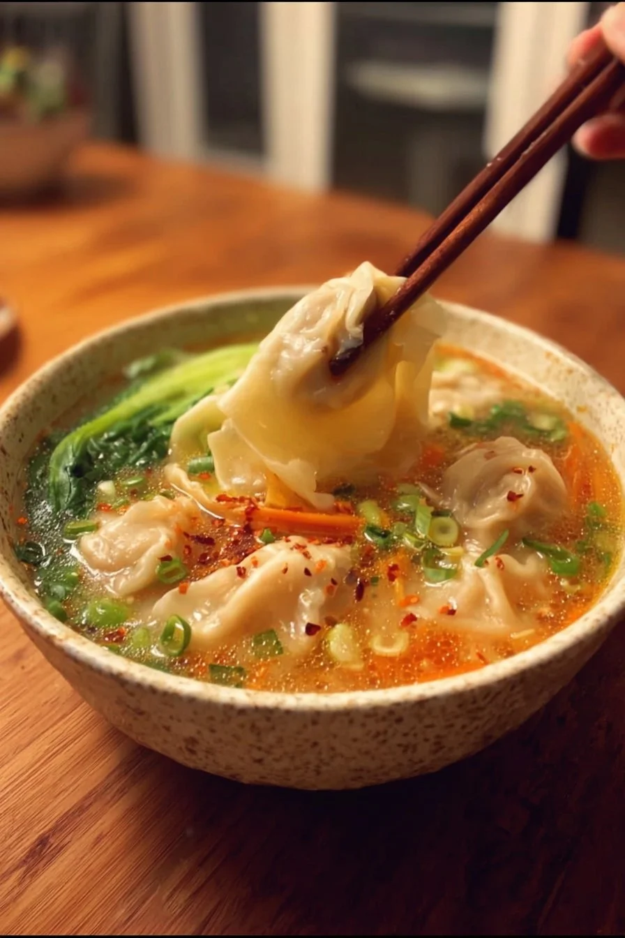 Bowl of easy dumpling soup with fresh herbs and vegetables