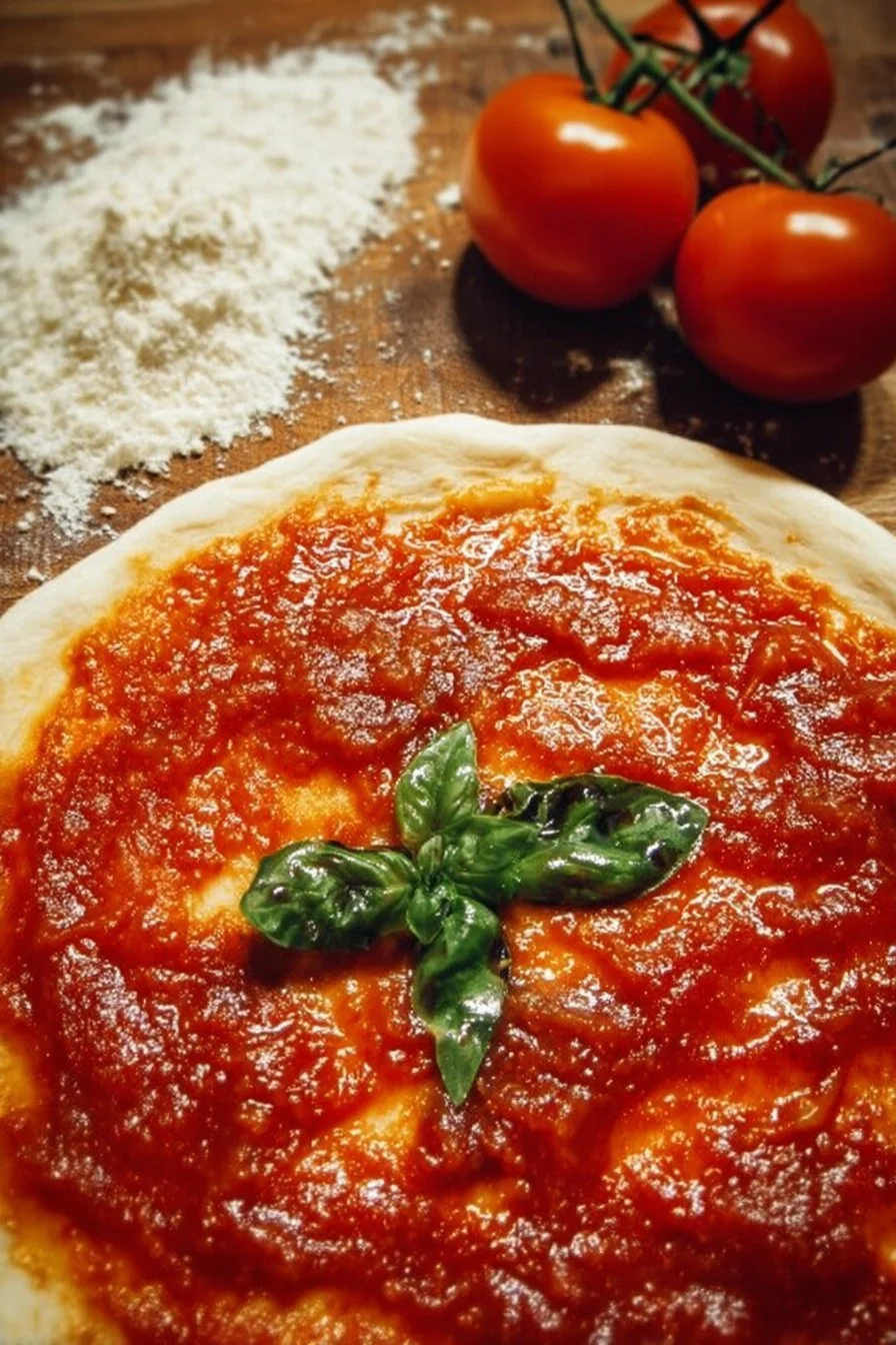 Bowl of easy homemade pizza sauce with fresh ingredients
