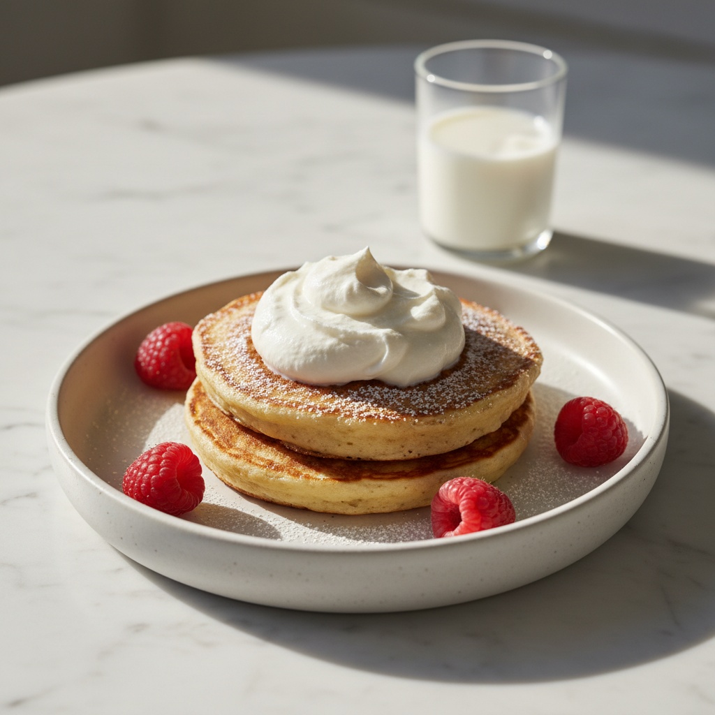 45° view of Sweet Coconut Cream Pancakes with whipped cream.