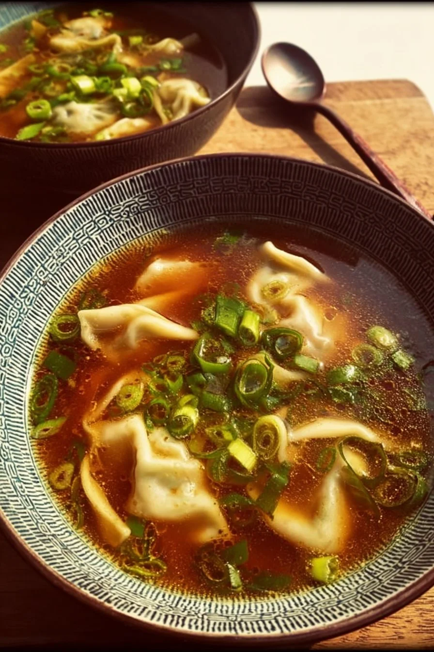 Bowl of gyoza soup with tender dumplings and fresh vegetables