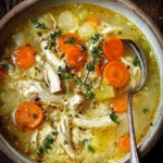 Bowl of healing chicken soup full of vegetables and herbs