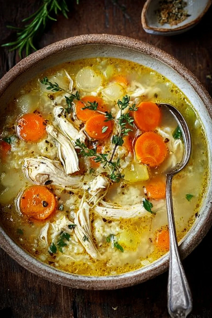 Bowl of healing chicken soup full of vegetables and herbs