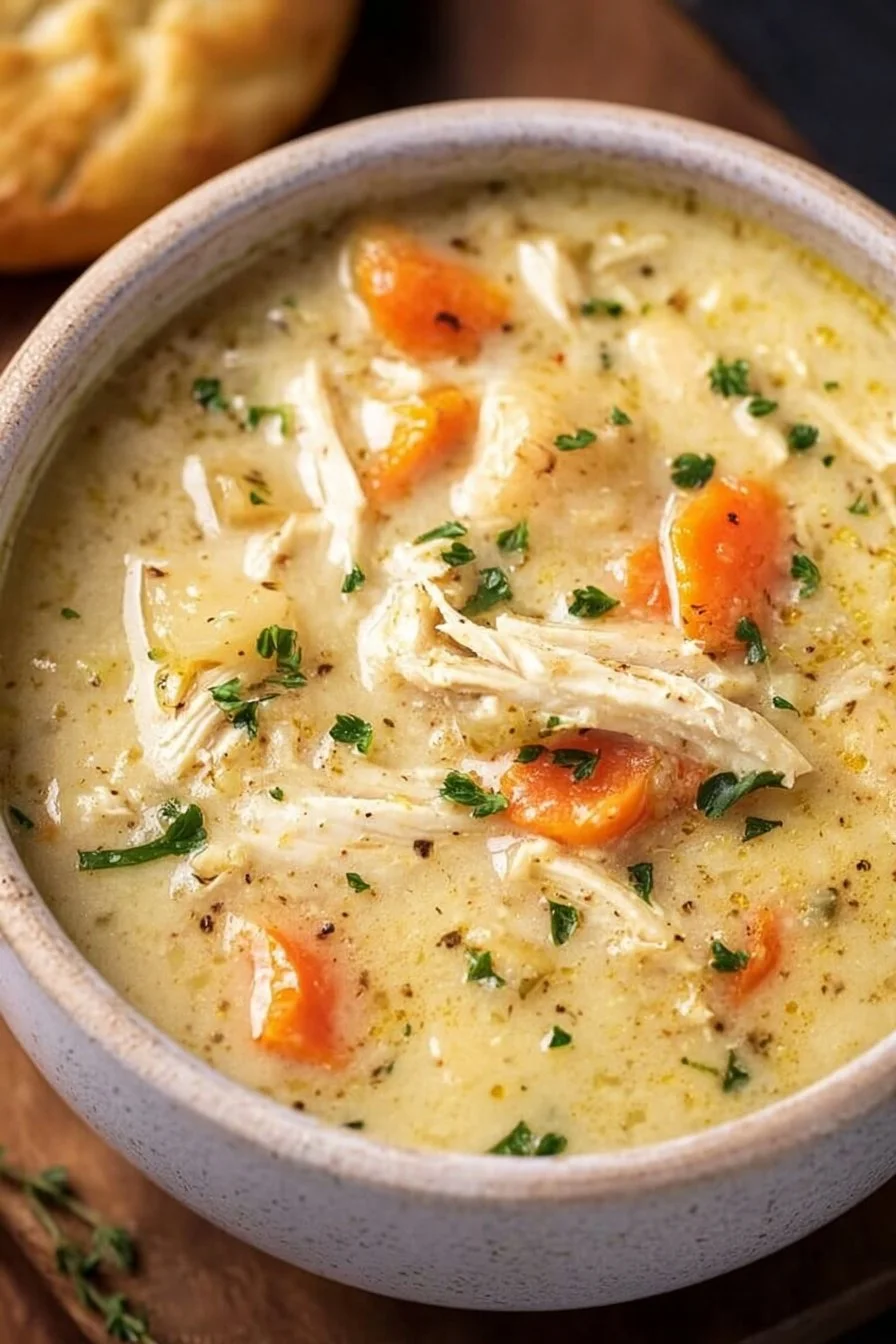 Bowl of healthy chicken pot pie soup filled with vegetables and chicken