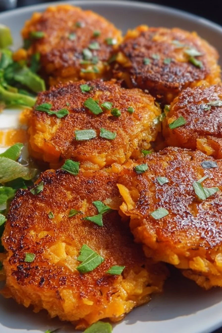 Healthy sweet potato hash browns served on a plate with herbs