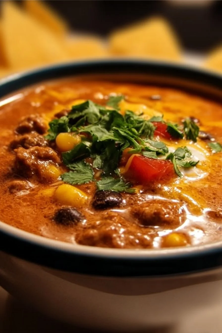 Creamy high-protein taco soup topped with fresh ingredients