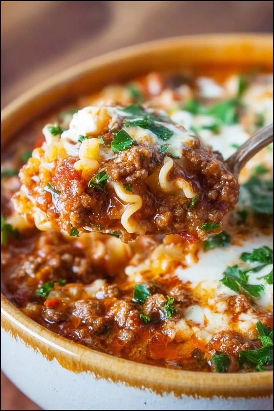 High protein lasagna soup served in a bowl with fresh herbs