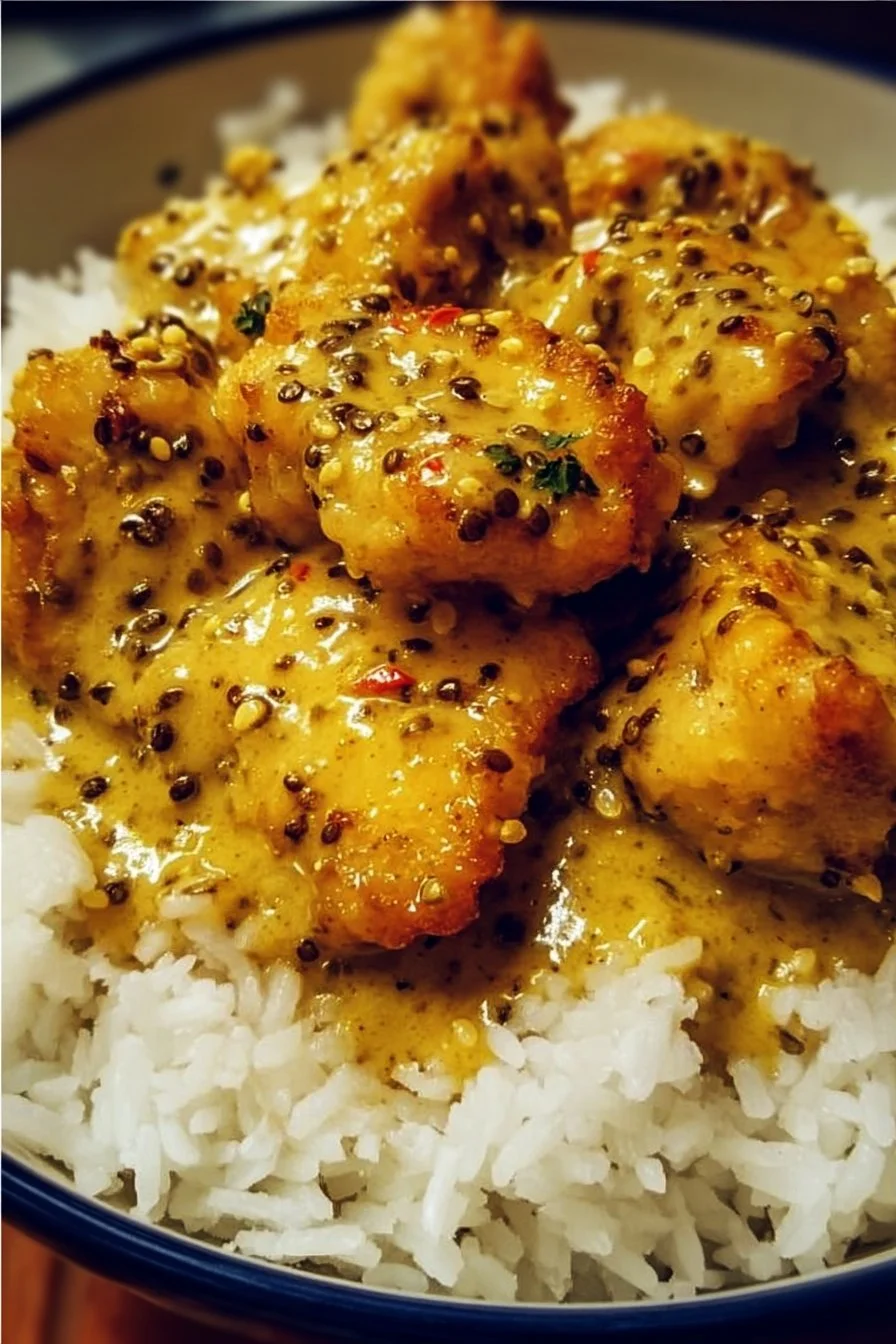 Delicious honey mustard chicken served with rice on a plate.