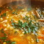 Bowl of Italian Penicillin Soup garnished with fresh herbs and vegetables