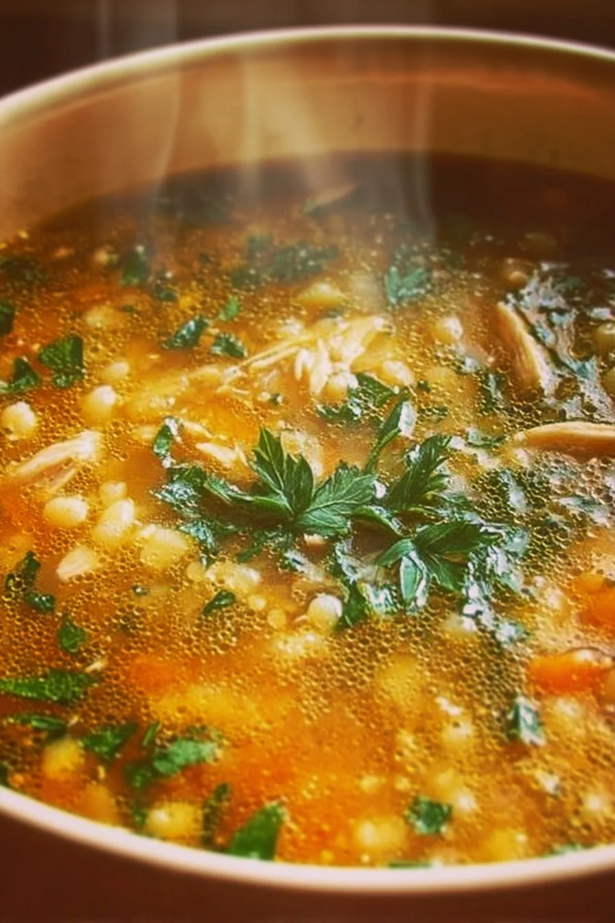Bowl of Italian Penicillin Soup garnished with fresh herbs and vegetables
