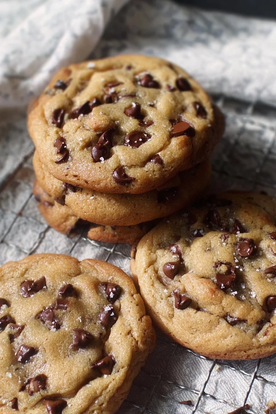 Freshly baked jumbo bakery-style chocolate chip cookies on a cooling rack