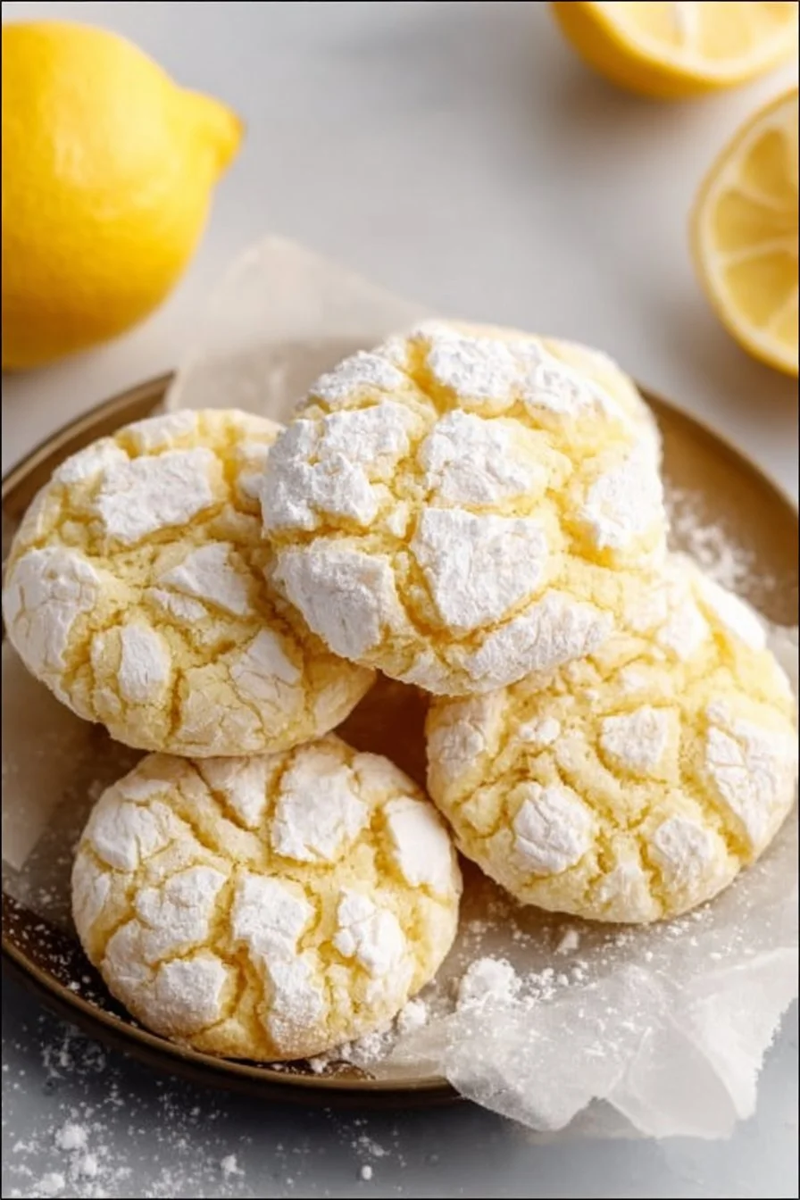 Freshly baked Lemon Crinkle Cookies sprinkled with powdered sugar