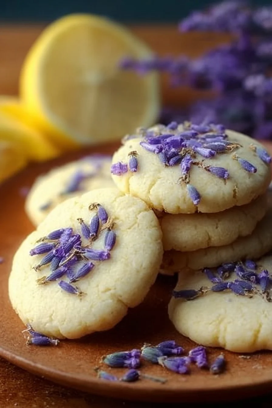 Plate of homemade Lemon Lavender Cookies with fresh lemon slices and lavender