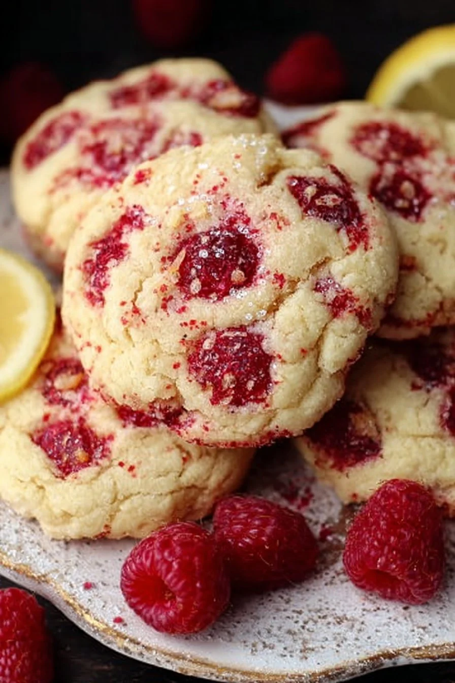 Freshly baked Lemon Raspberry Cookies on a cooling rack