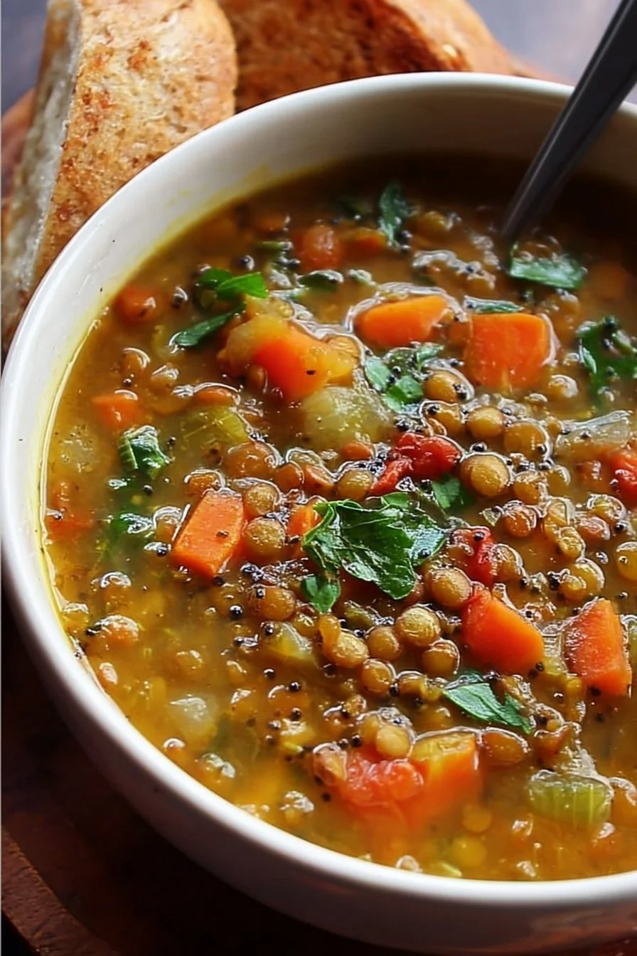 Bowl of Mediterranean Lentil Soup garnished with fresh herbs and lemon.