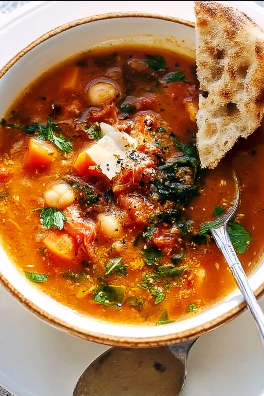 Bowl of delicious Mediterranean soup with fresh vegetables and spices