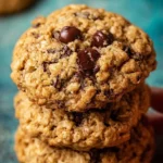 Freshly baked oatmeal chocolate chip cookies on a cooling rack