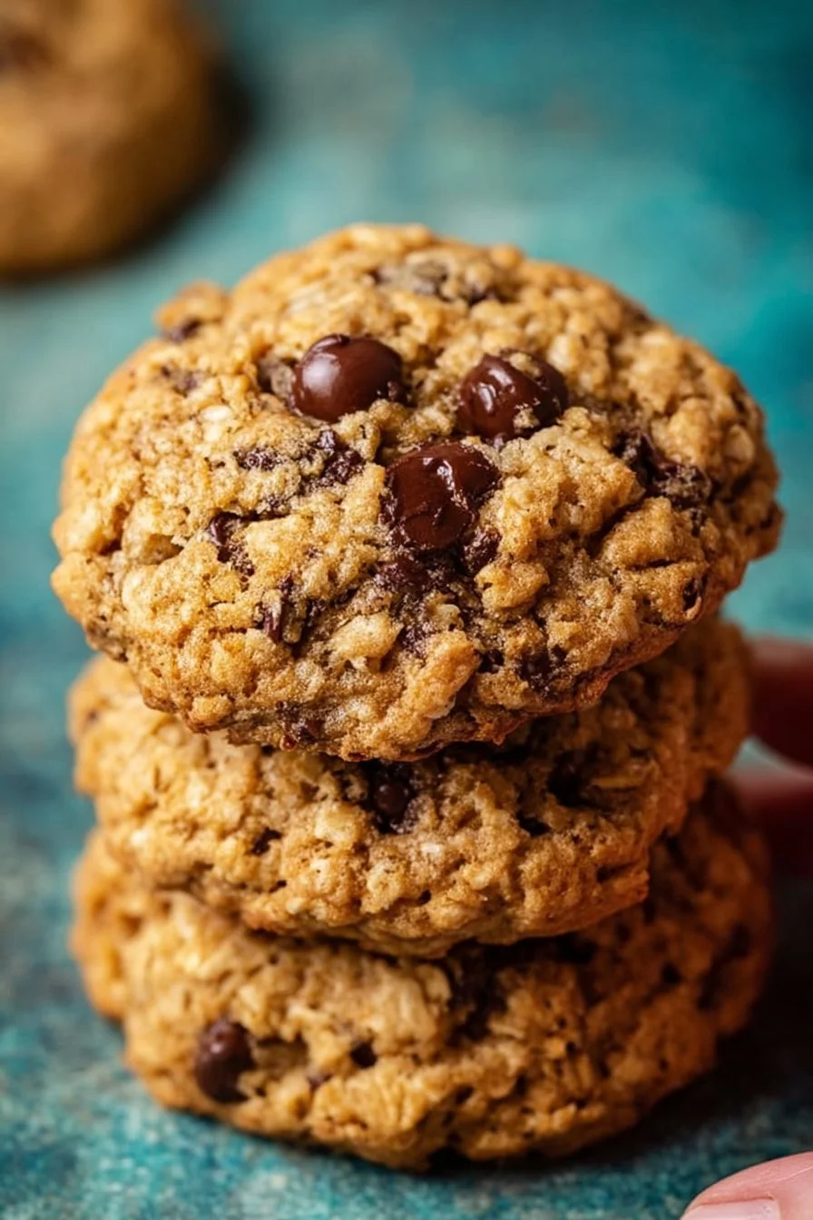 Freshly baked oatmeal chocolate chip cookies on a cooling rack
