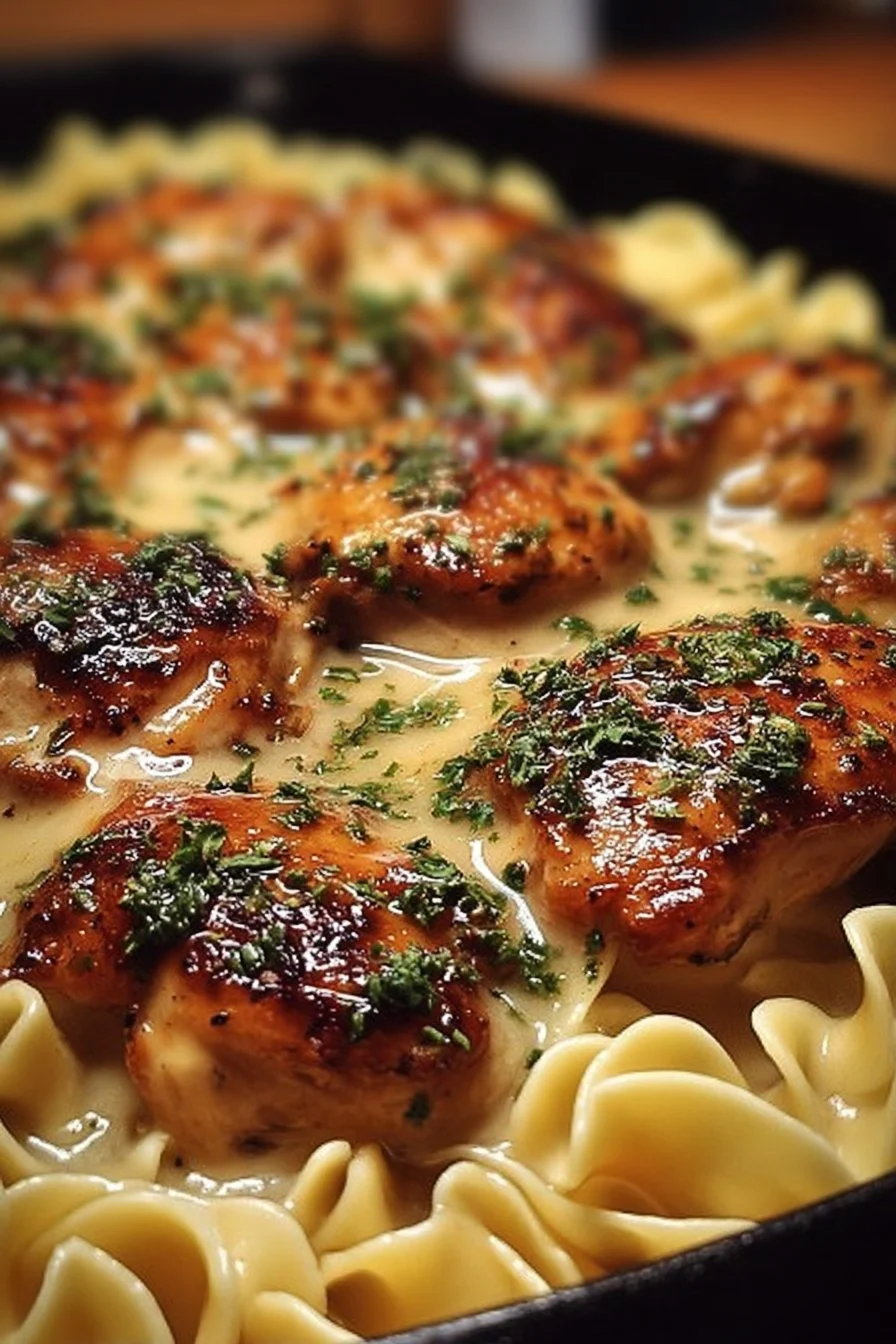Delicious one-pan chicken with buttered noodles served in a skillet