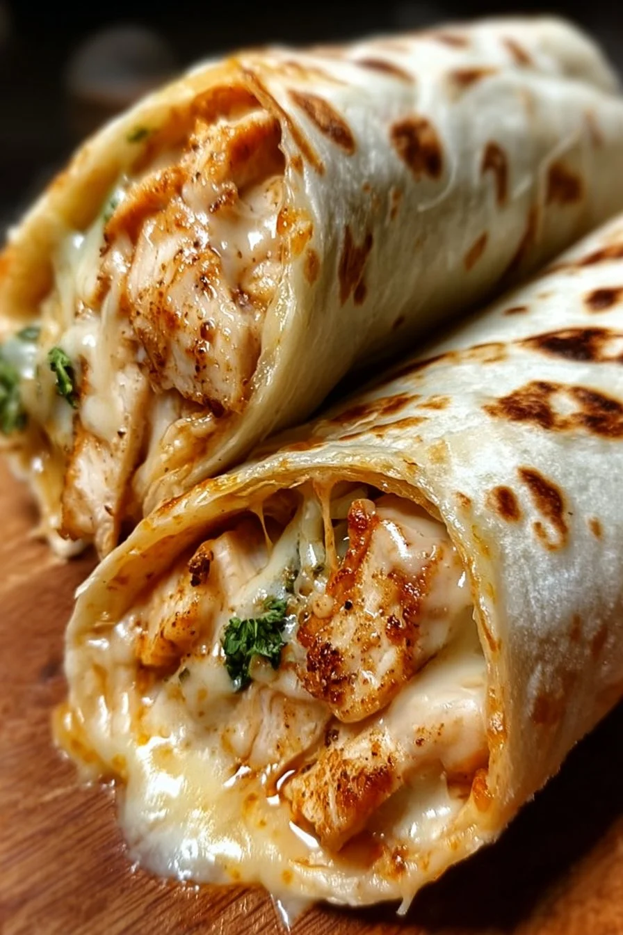 Cheesy garlic chicken wraps filled with melted cheese and grilled chicken.