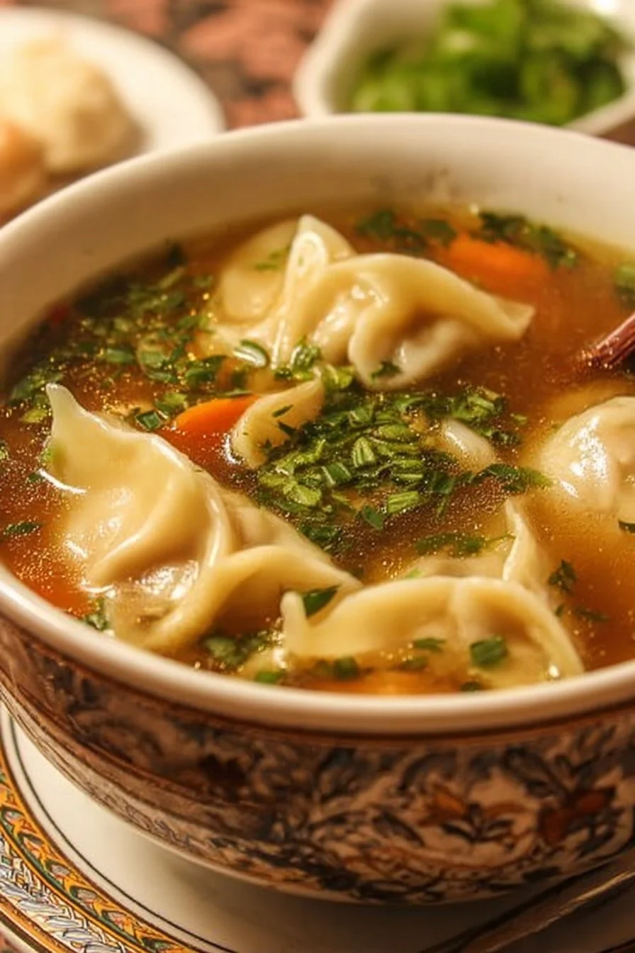 Bowl of steaming Potsticker Soup with dumplings and fresh vegetables