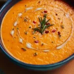 Bowl of smooth and creamy roasted vegetable soup garnished with herbs.