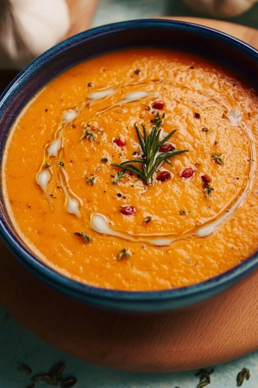 Bowl of smooth and creamy roasted vegetable soup garnished with herbs.