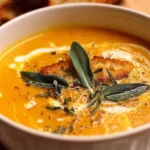 Bowl of creamy sage roasted butternut squash soup garnished with herbs