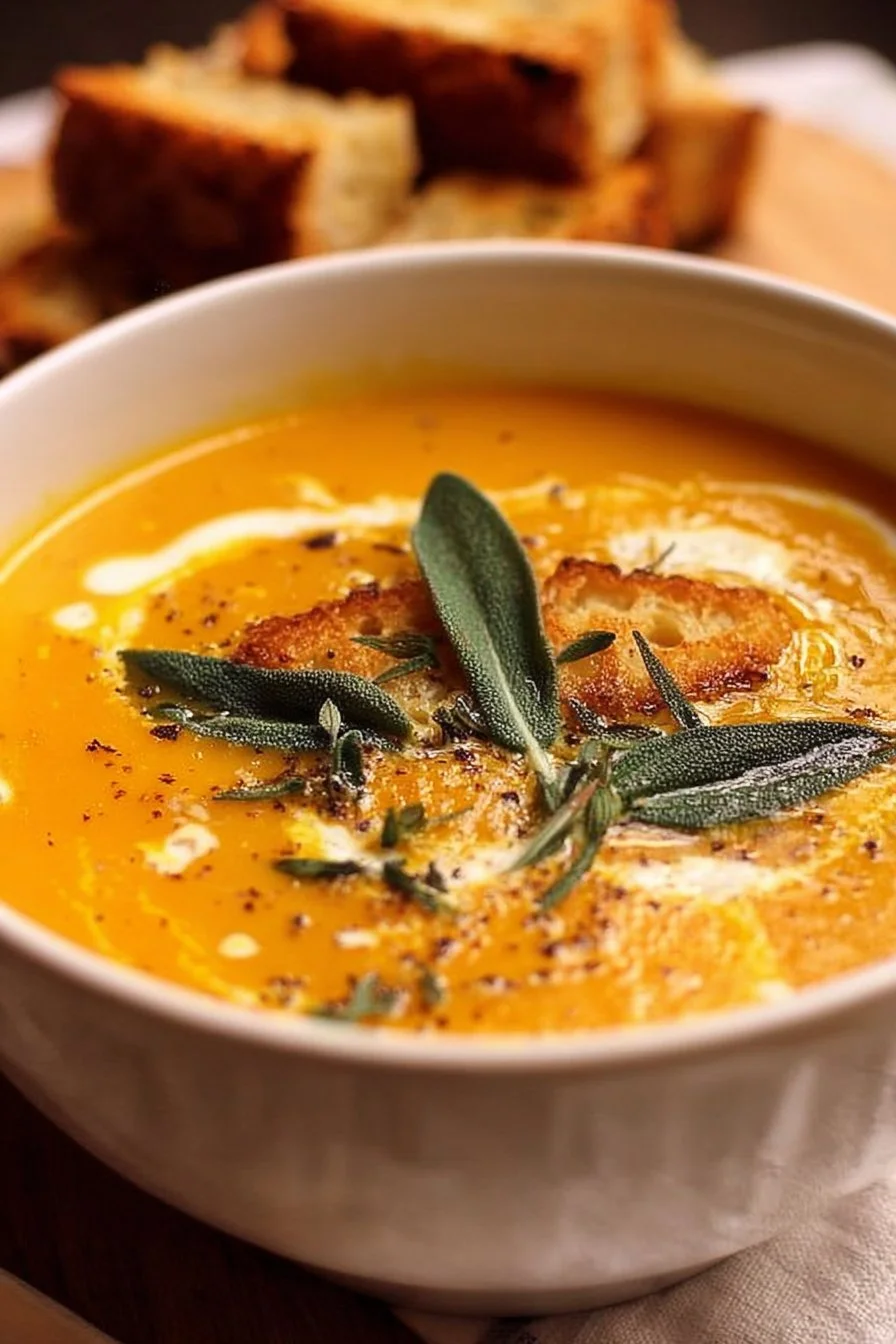Bowl of creamy sage roasted butternut squash soup garnished with herbs
