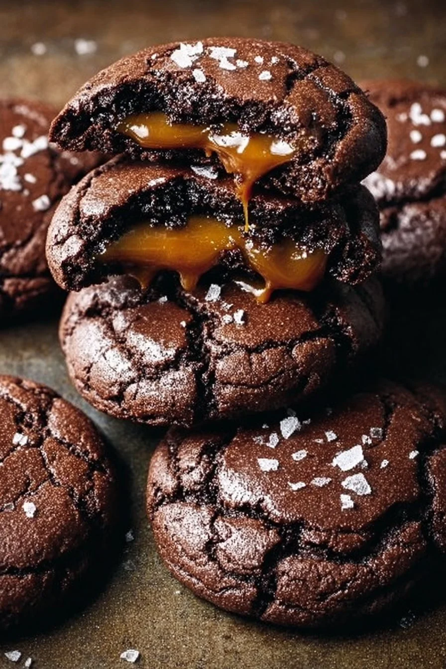 Delicious salted caramel chocolate cookies on a rustic table