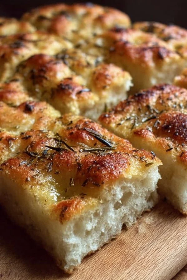 Freshly baked Same Day Focaccia with herbs and olive oil on a wooden board