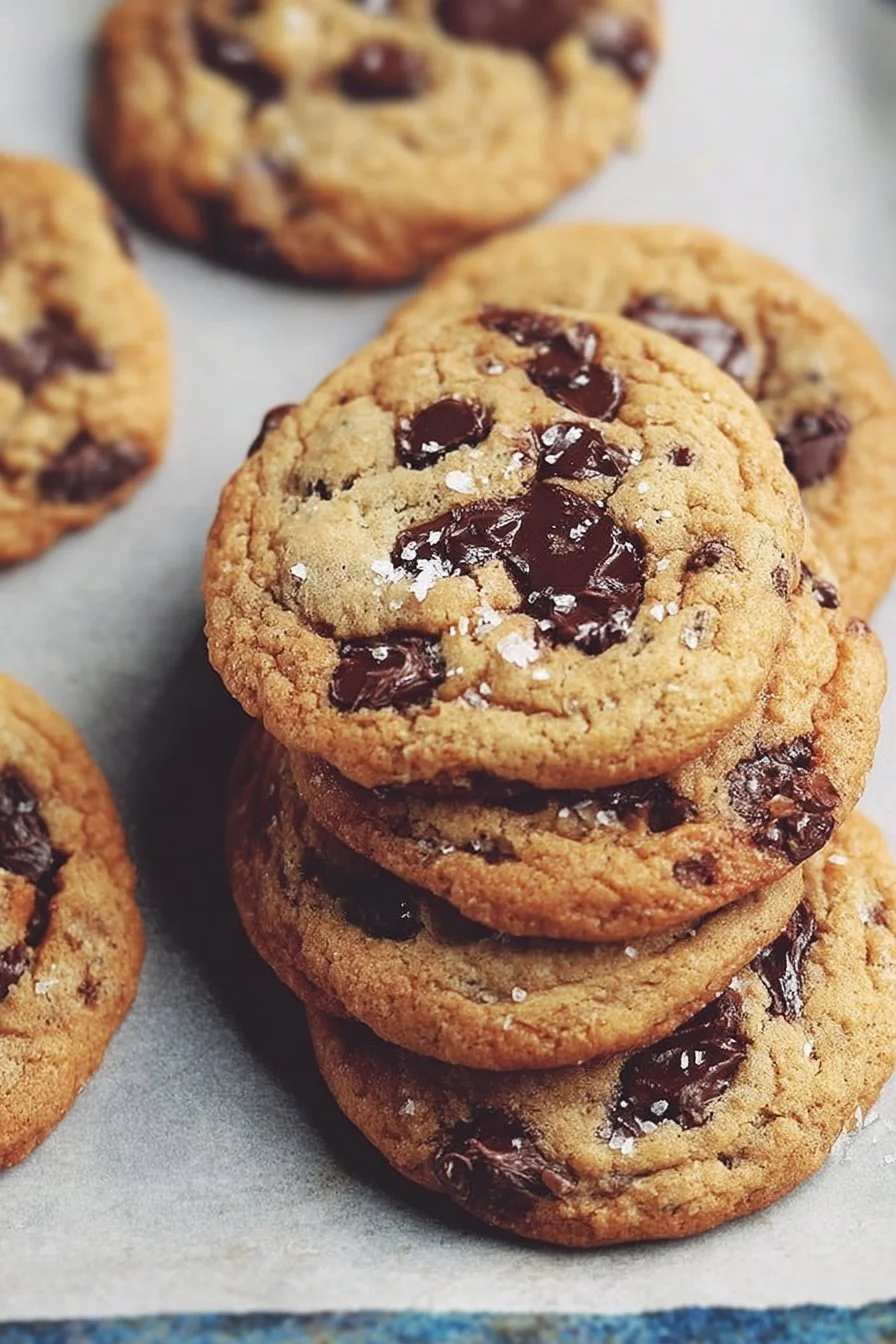 Freshly baked chocolate chip cookies on a cooling rack.