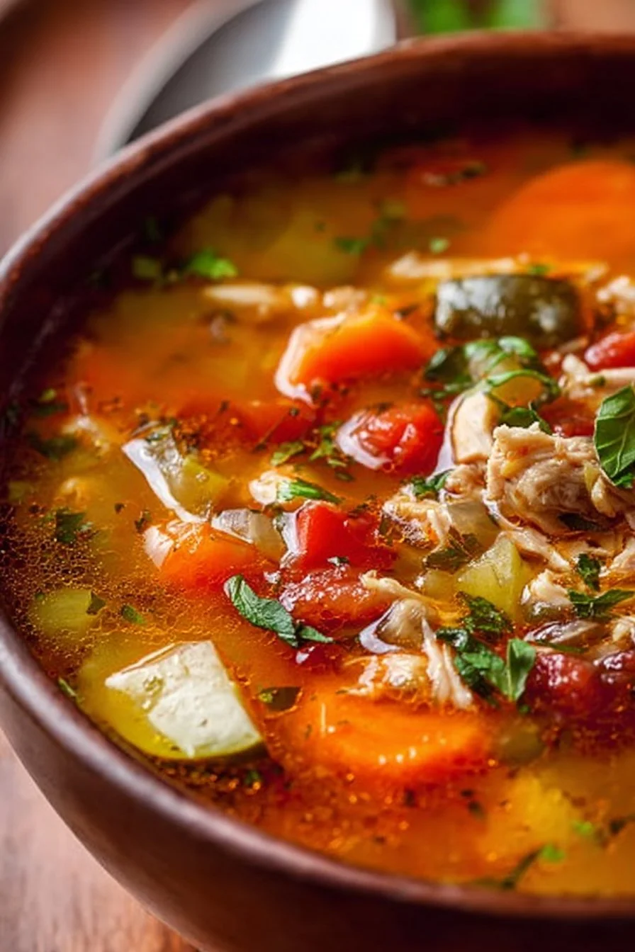 Bowl of nutritious Turkey Vegetable Soup with fresh vegetables and tender turkey.