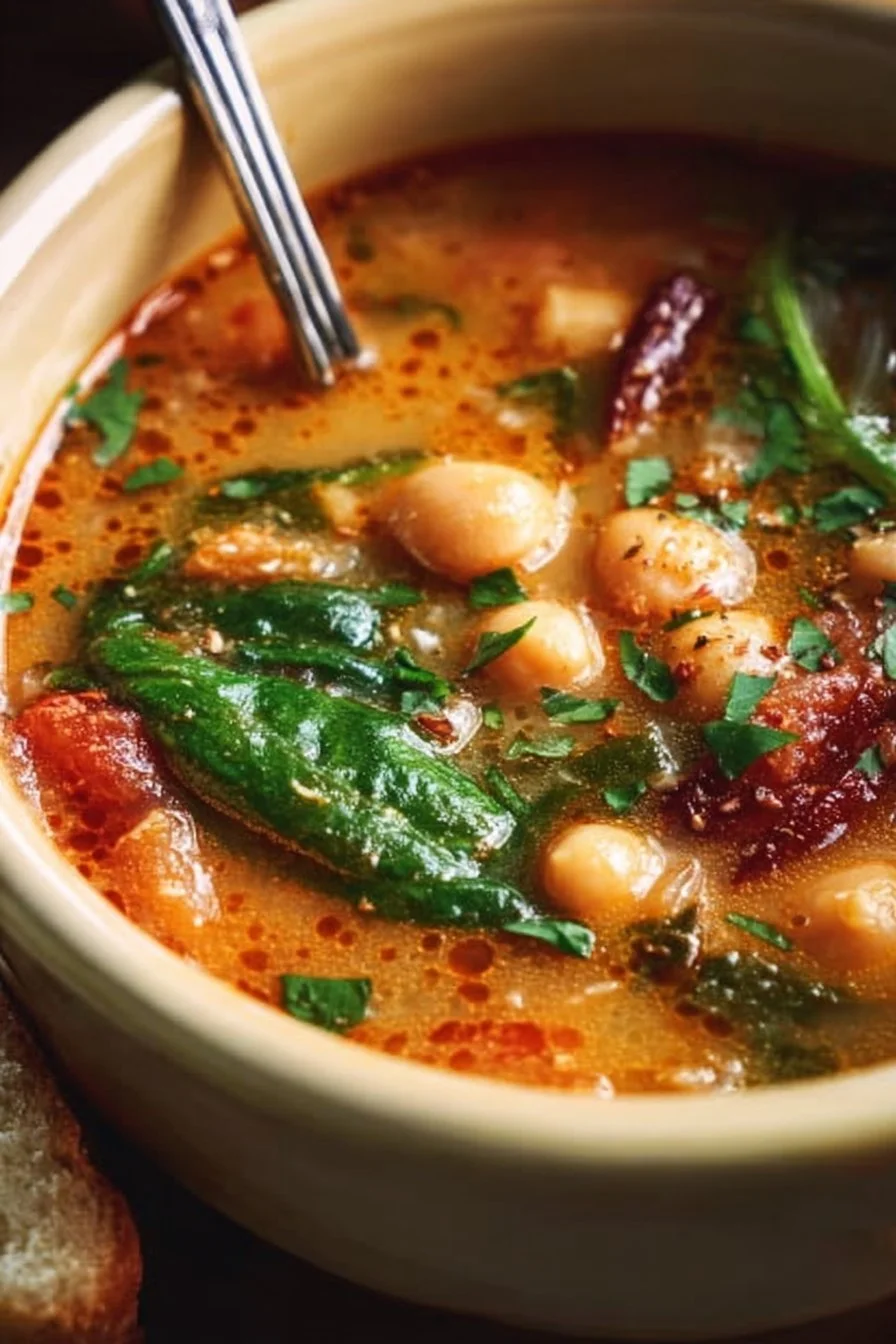 A bowl of Tuscan garbanzo bean soup garnished with herbs and spices