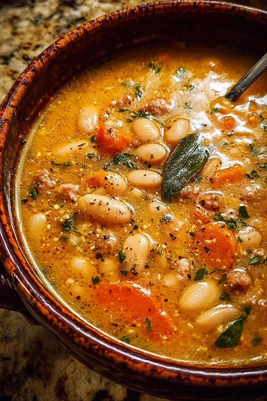 Bowl of Tuscan white bean soup garnished with herbs and olive oil