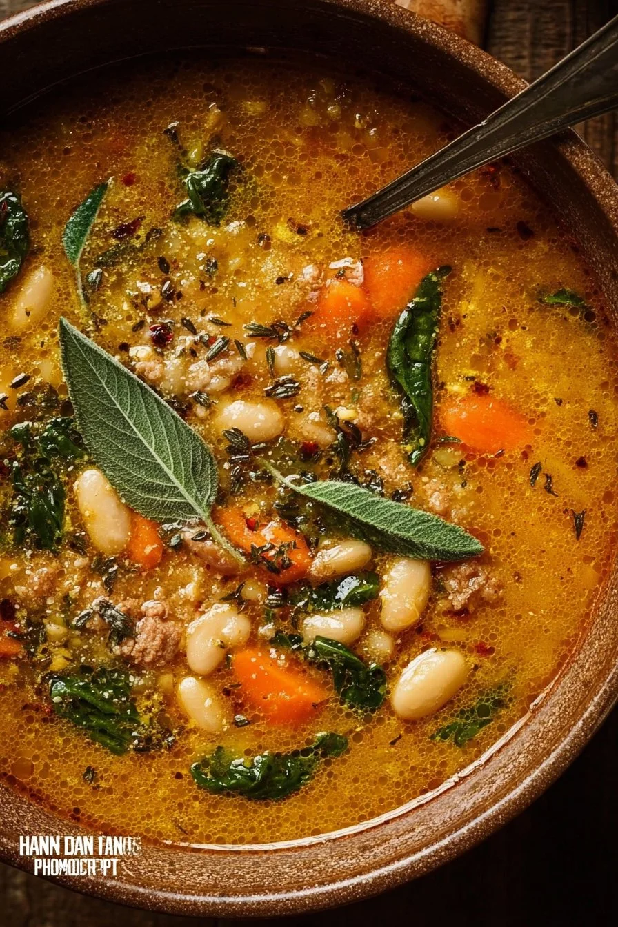 Bowl of delicious Tuscan White Bean Soup garnished with fresh herbs