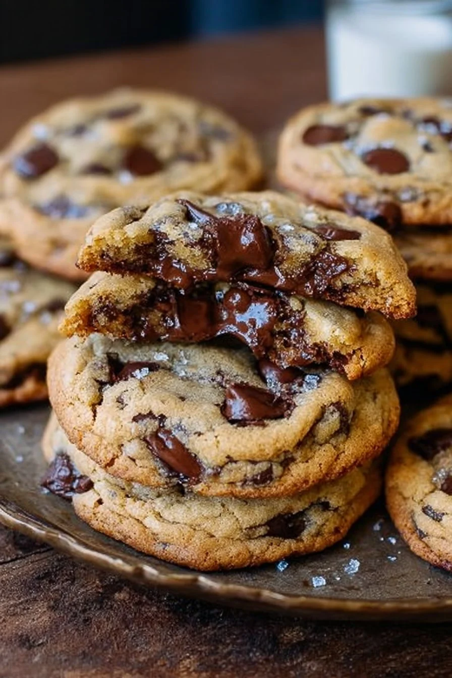Ultra thick chocolate chip cookies with crispy edges and gooey centers