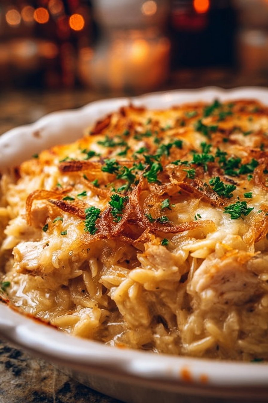 French Onion Chicken Orzo Casserole