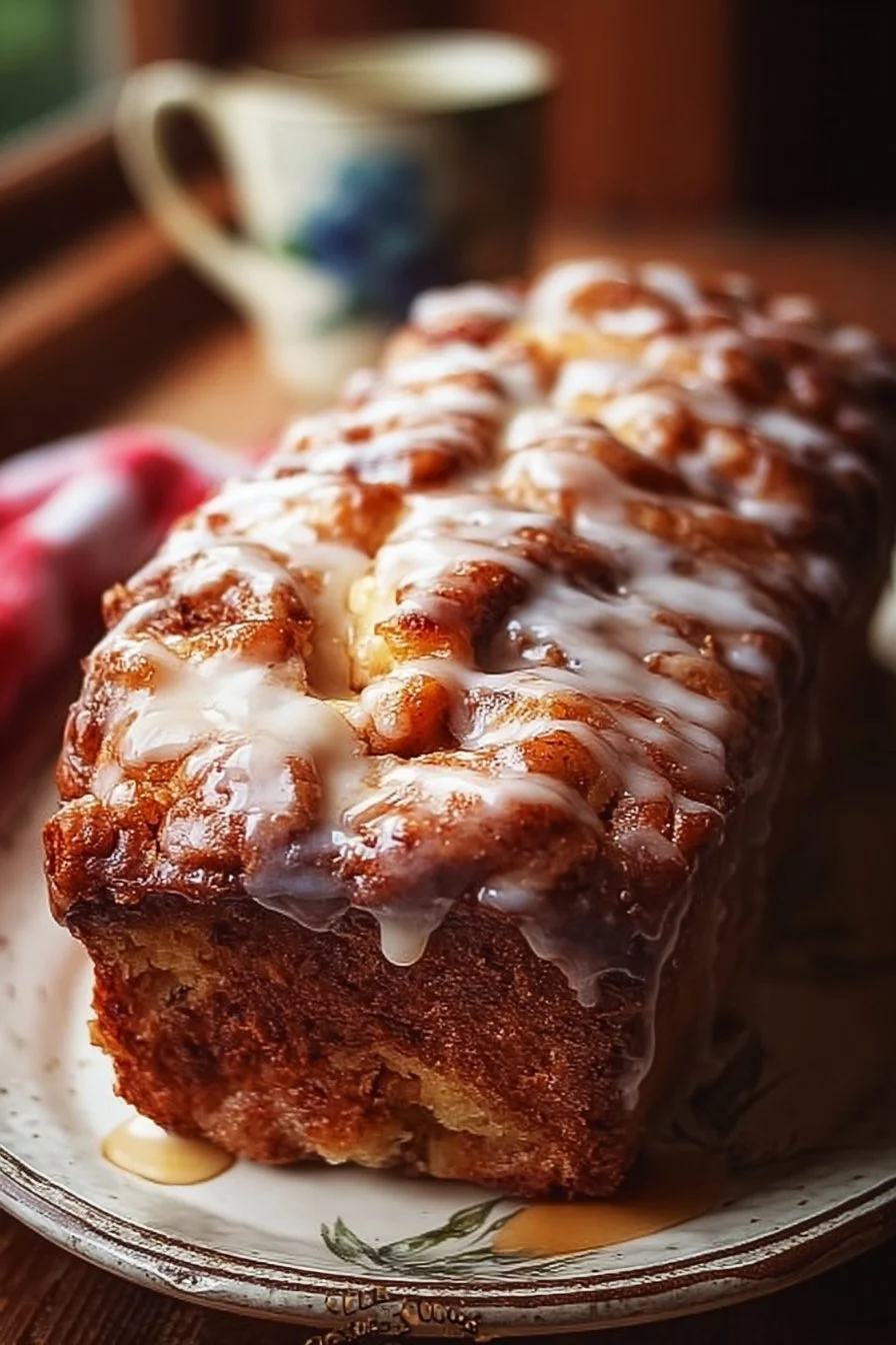 Freshly baked Amish Apple Fritter Bread with chunks of apple and a golden crust