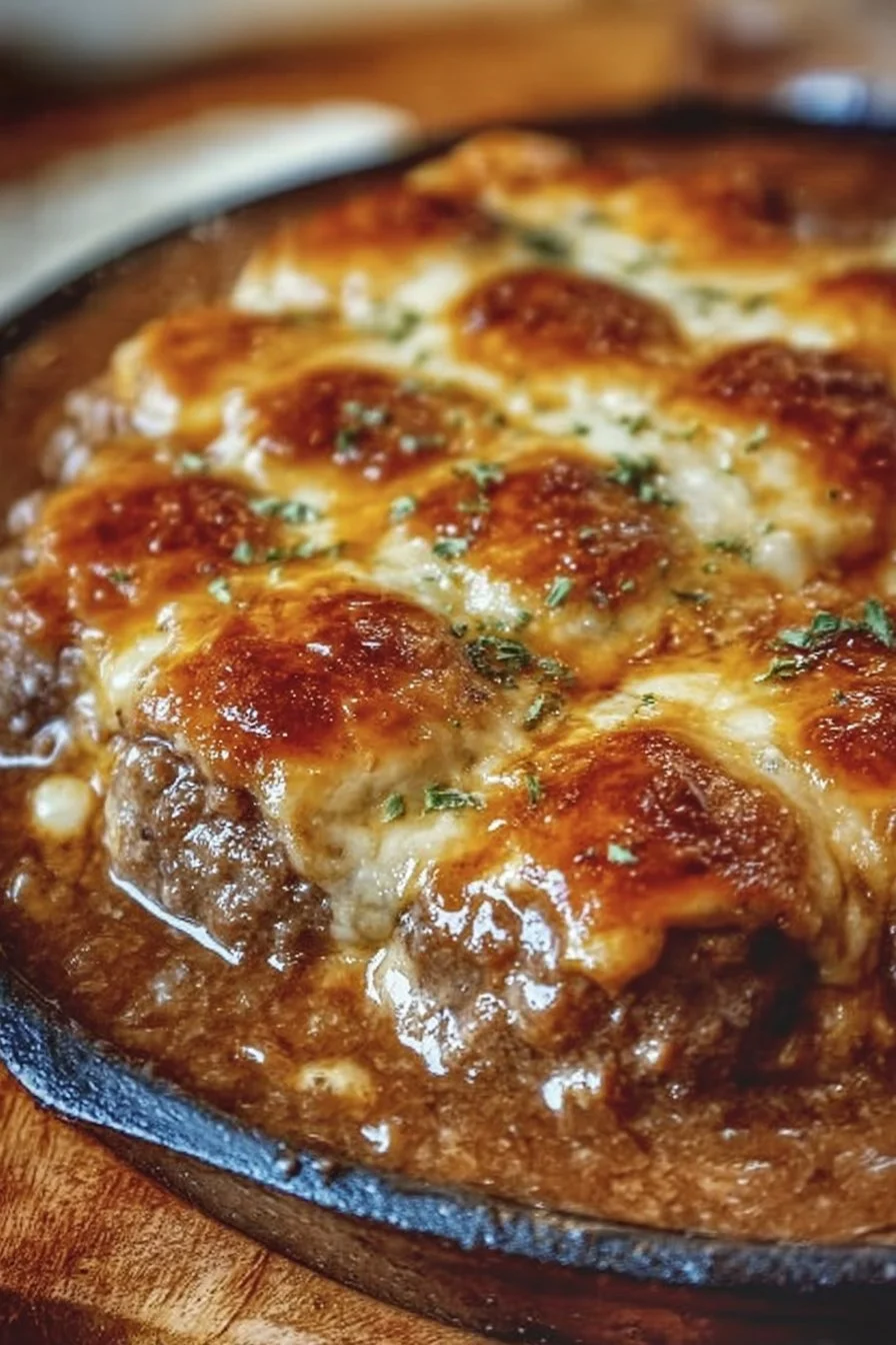 Amish Hamburger Steak Bake with gravy served on a plate