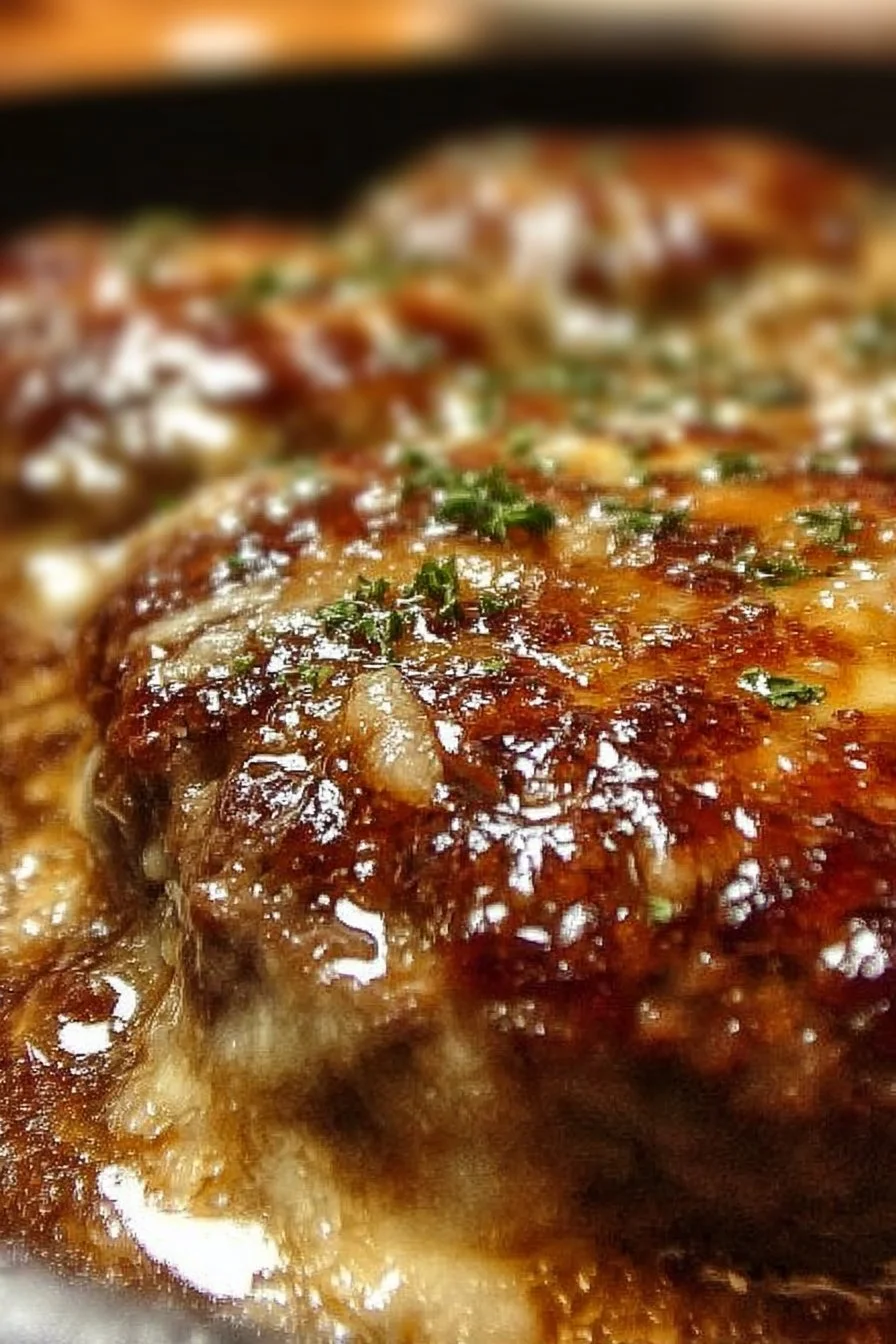 Amish Hamburger Steak Bake served with gravy and vegetables