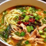 A bowl of ginger garlic chicken noodle soup garnished with herbs